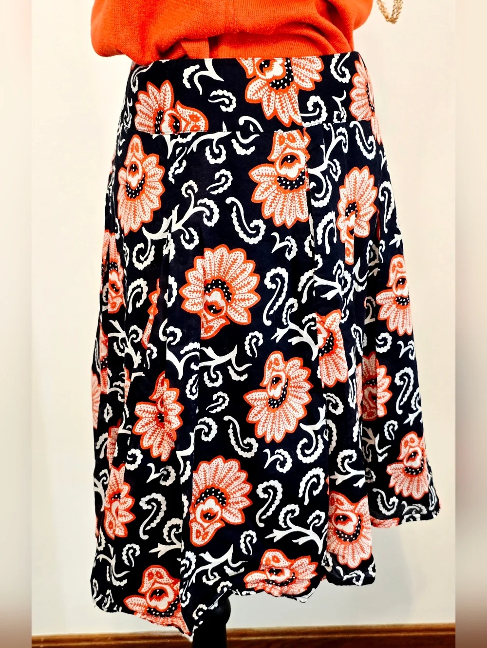 Talbots Floral A-Line Skirt Navy Orange White Cotton Preppy Feminine Midi Flowy